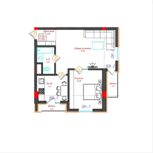 2-комнатная квартира 57.6м² 2/12 этаж - rasm 1